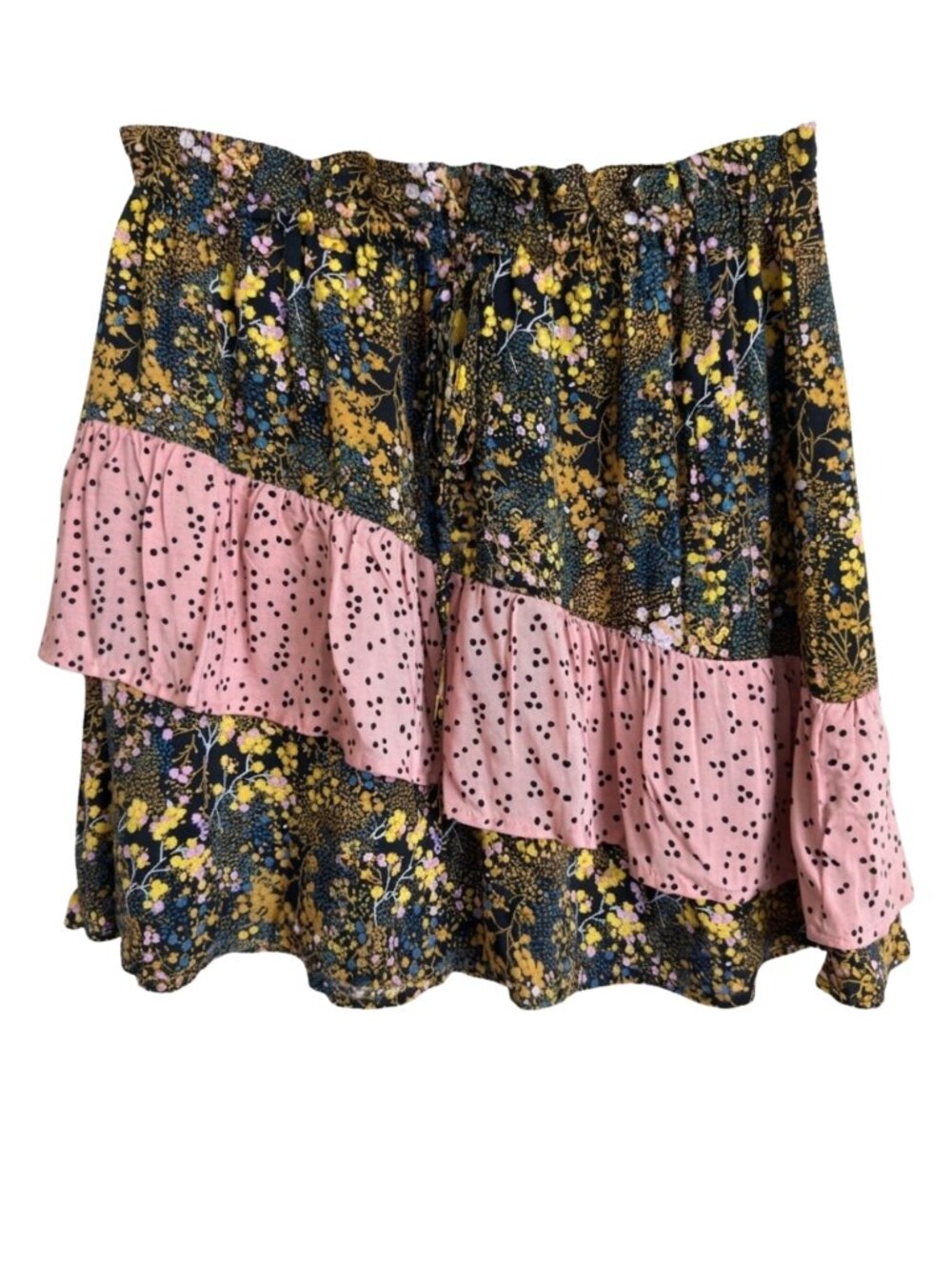Urban Outfitters Floral Ruffle Mini Skirt M Black Rayon Coquette Boho Y2K A-Line